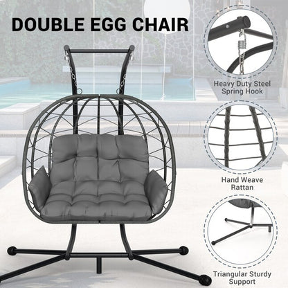 PamaPic Swing Chair Rattan Black Iron Frame Hanging Egg Chair with Gray Cushioned Seat