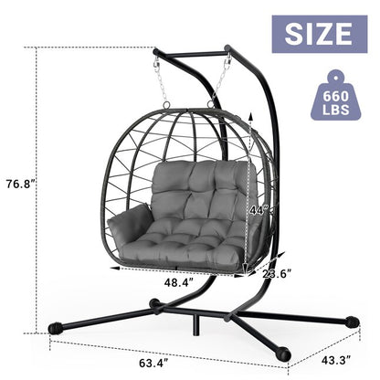PamaPic Swing Chair Rattan Black Iron Frame Hanging Egg Chair with Gray Cushioned Seat