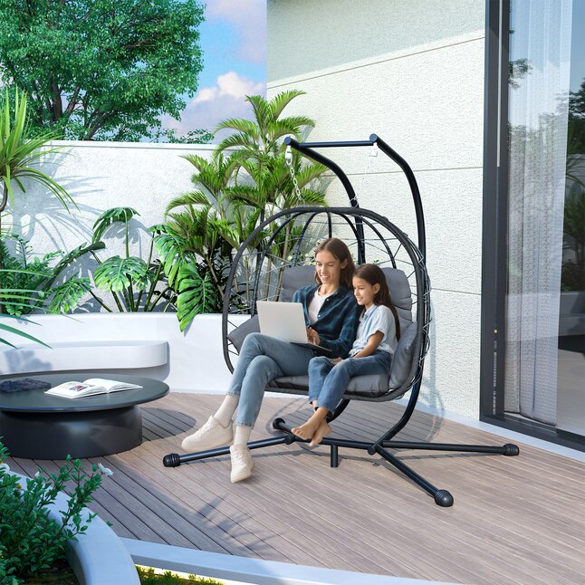 PamaPic Swing Chair Rattan Black Iron Frame Hanging Egg Chair with Gray Cushioned Seat