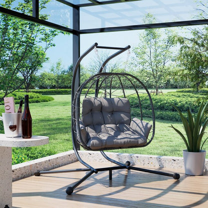 PamaPic Swing Chair Rattan Black Iron Frame Hanging Egg Chair with Gray Cushioned Seat
