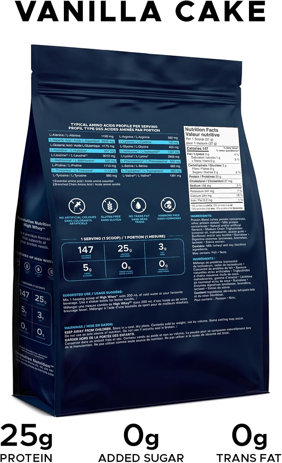 Revolution Nutrition, High Whey, Protein Powder 5LB Bag, Whey Protein, Gluten Free, 25g of Protein Per Scoop, 2.7kg, 73 Servings (Vanilla Cake, 5 Pound Bag)
