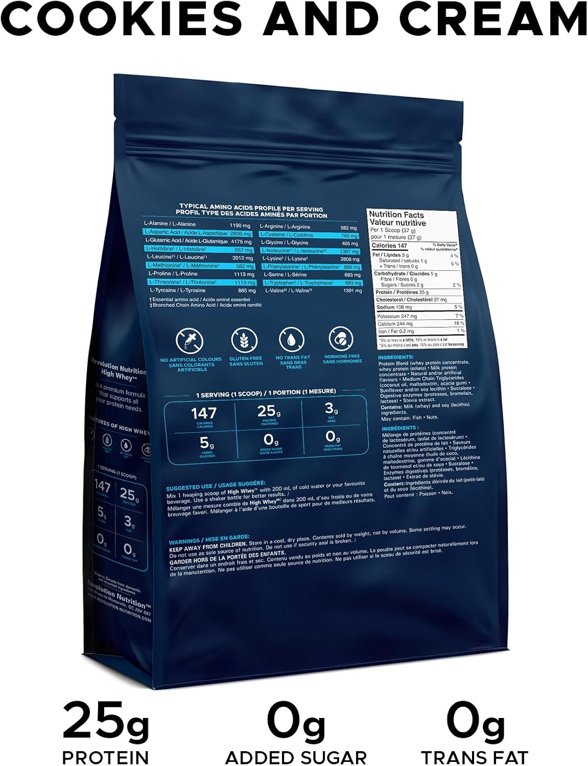 Revolution Nutrition, High Whey, Protein Powder 5LB Bag, Whey Protein, Gluten Free, 25g of Protein Per Scoop, 2.7kg, 73 Servings (Cookies & Cream, 5 Pound Bag)