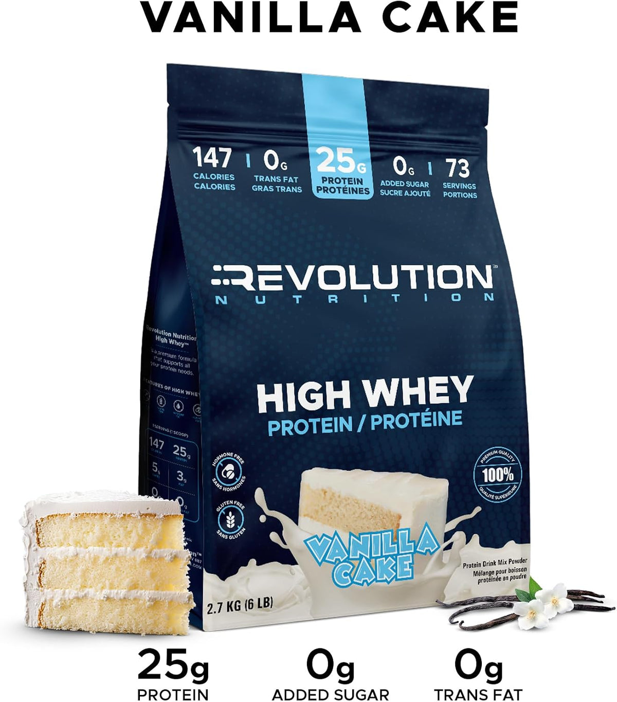 Revolution Nutrition, High Whey, Protein Powder 5LB Bag, Whey Protein, Gluten Free, 25g of Protein Per Scoop, 2.7kg, 73 Servings (Vanilla Cake, 5 Pound Bag)