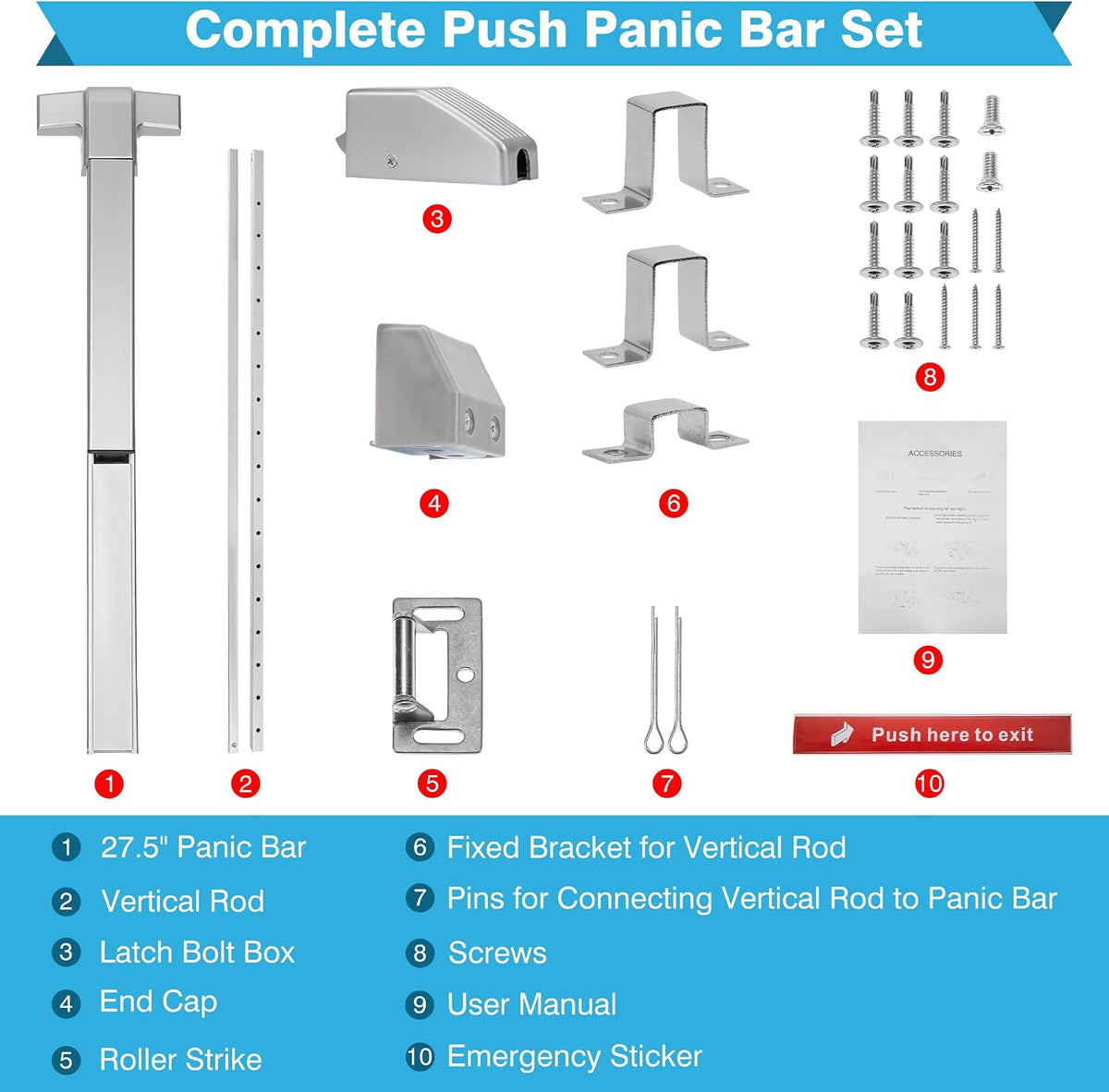 IRONWALLS Commercial Surface Vertical Rod Push Bar Exit Device, Stainless Steel Panic Bar Door Locks