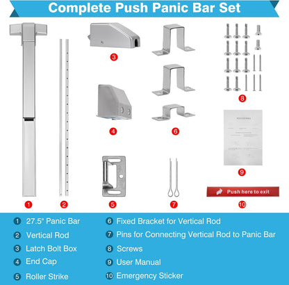 IRONWALLS Commercial Surface Vertical Rod Push Bar Exit Device, Stainless Steel Panic Bar Door Locks