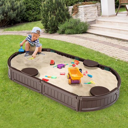 Costway 6F Wooden Sandbox w/Built-in Corner Seat, Cover, Bottom Liner