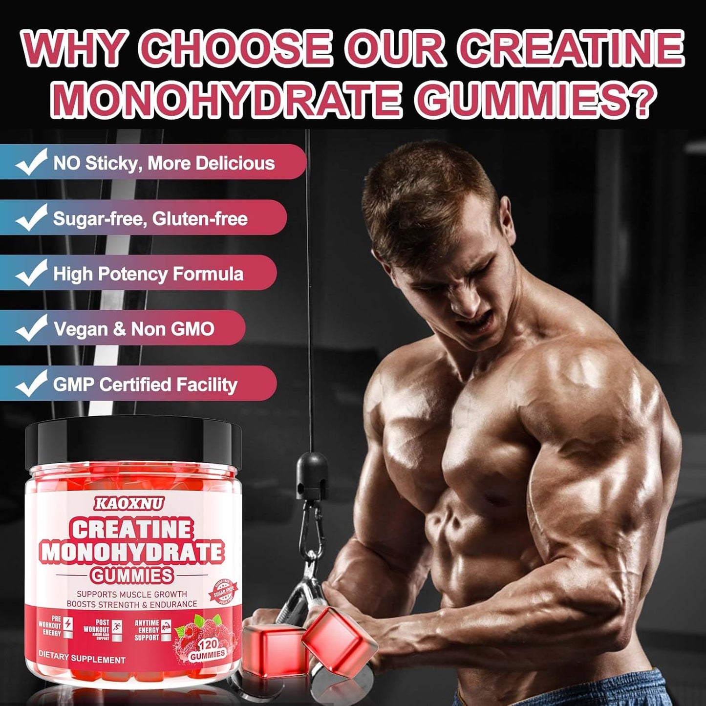 Kaoxnu Creatine Monohydrate Gummies 5000mg - Raspberry Flavor (Pack of 2)