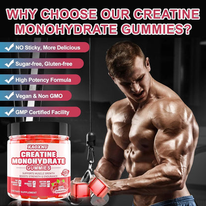Kaoxnu Creatine Monohydrate Gummies 5000mg - Raspberry Flavor (Pack of 2)