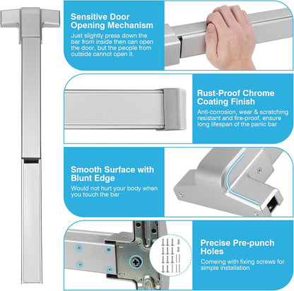 IRONWALLS Commercial Surface Vertical Rod Push Bar Exit Device, Stainless Steel Panic Bar Door Locks