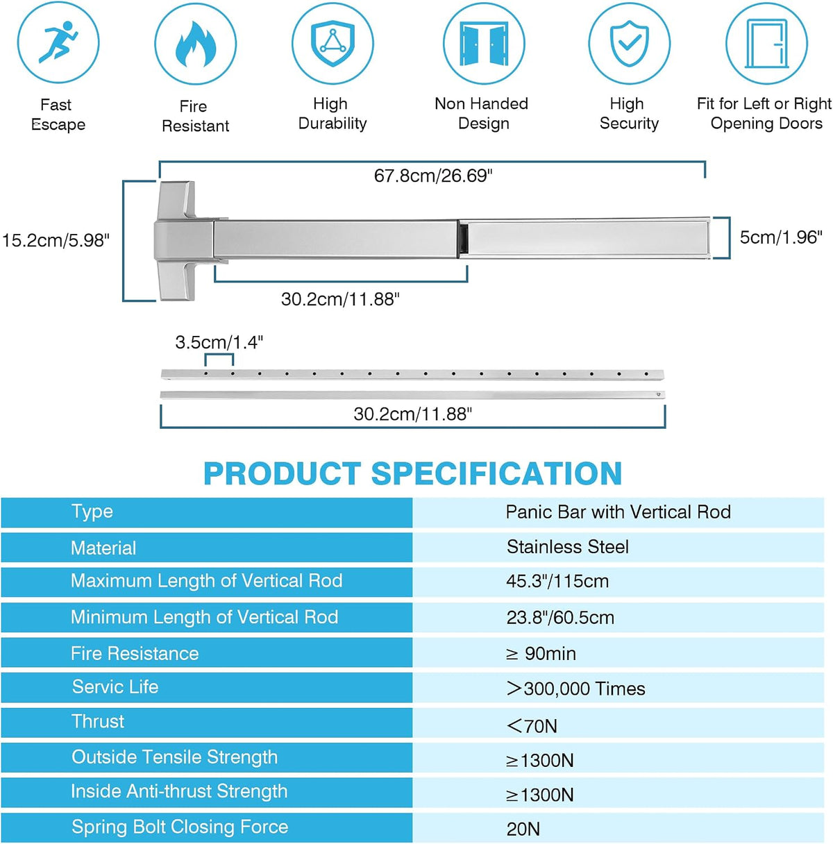 IRONWALLS Commercial Surface Vertical Rod Push Bar Exit Device, Stainless Steel Panic Bar Door Locks