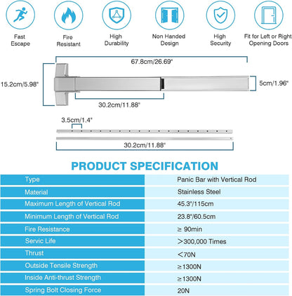 IRONWALLS Commercial Surface Vertical Rod Push Bar Exit Device, Stainless Steel Panic Bar Door Locks