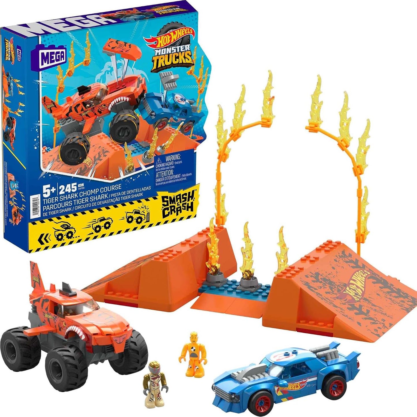 MEGA Hot Wheels Monster Trucks Toy Building Set, Smash & Crash Tiger Shark Chomp Course with 245 Pieces,