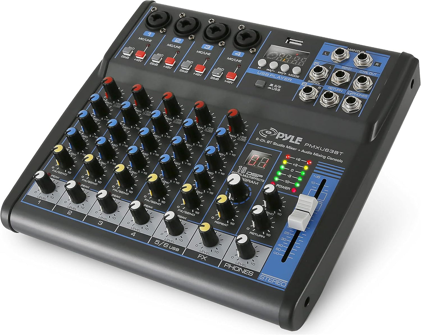 Pyle 6 Channel DJ Audio Mixer with Bluetooth Receiver, USB Computer Recording Interface, DSP Effects Processor, 48V Phantom Power, Sound Board for Studio Recording, Podcasting & Live Performance