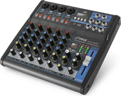 Pyle 6 Channel DJ Audio Mixer with Bluetooth Receiver, USB Computer Recording Interface, DSP Effects Processor, 48V Phantom Power, Sound Board for Studio Recording, Podcasting & Live Performance