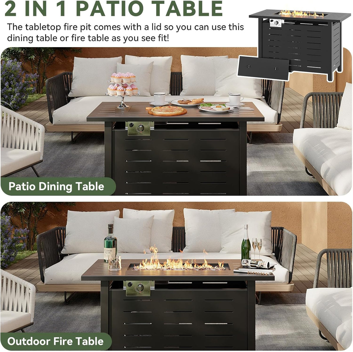 Aoxun 41 Inch Propane Fire Pit–50,000 BTU Gas Fire Pit Table with Removable Lid & Lava Rocks,