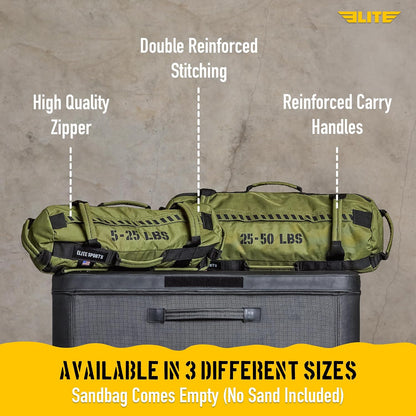 Elite Sports Workout Sandbag (green) 5 TO 25, 25 TO 50, 50 TO 75 lbs (3 count)