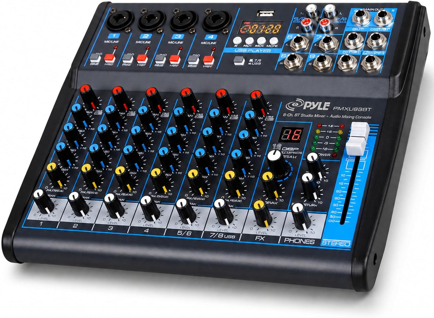 Pyle 8-Channel Bluetooth DJ Audio Mixer w/DSP Effects, USB Recording | Durable Low-Noise Build, 4 XLR Inputs & 3-Band EQ, Ideal for DJ/Karaoke/Studio, 16 Built-In DSP Effects