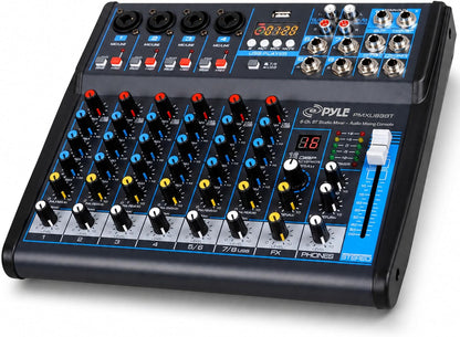 Pyle 8-Channel Bluetooth DJ Audio Mixer w/DSP Effects, USB Recording | Durable Low-Noise Build, 4 XLR Inputs & 3-Band EQ, Ideal for DJ/Karaoke/Studio, 16 Built-In DSP Effects