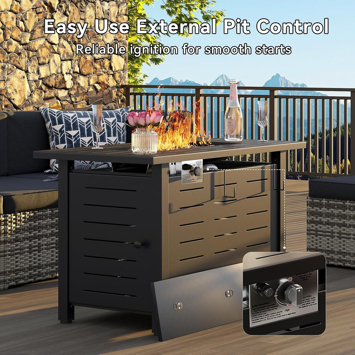 Aoxun 41 Inch Propane Fire Pit–50,000 BTU Gas Fire Pit Table with Removable Lid & Lava Rocks,