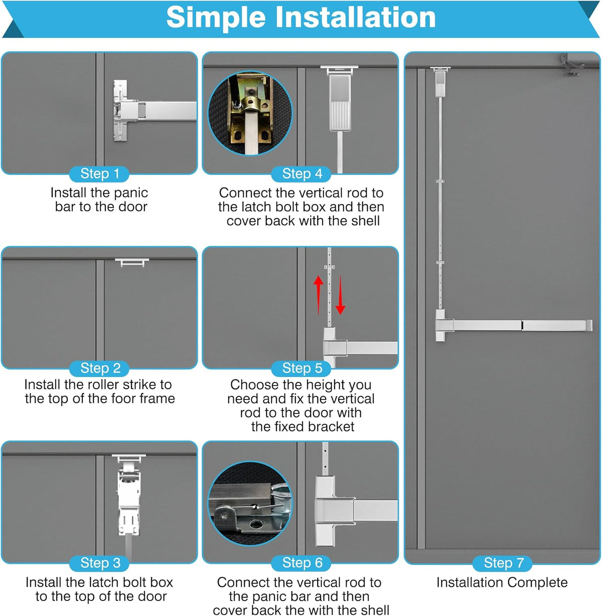 IRONWALLS Commercial Surface Vertical Rod Push Bar Exit Device, Stainless Steel Panic Bar Door Locks