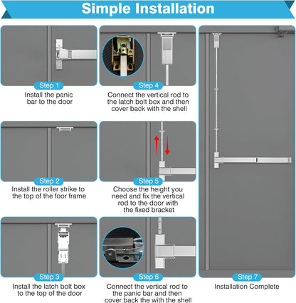 IRONWALLS Commercial Surface Vertical Rod Push Bar Exit Device, Stainless Steel Panic Bar Door Locks