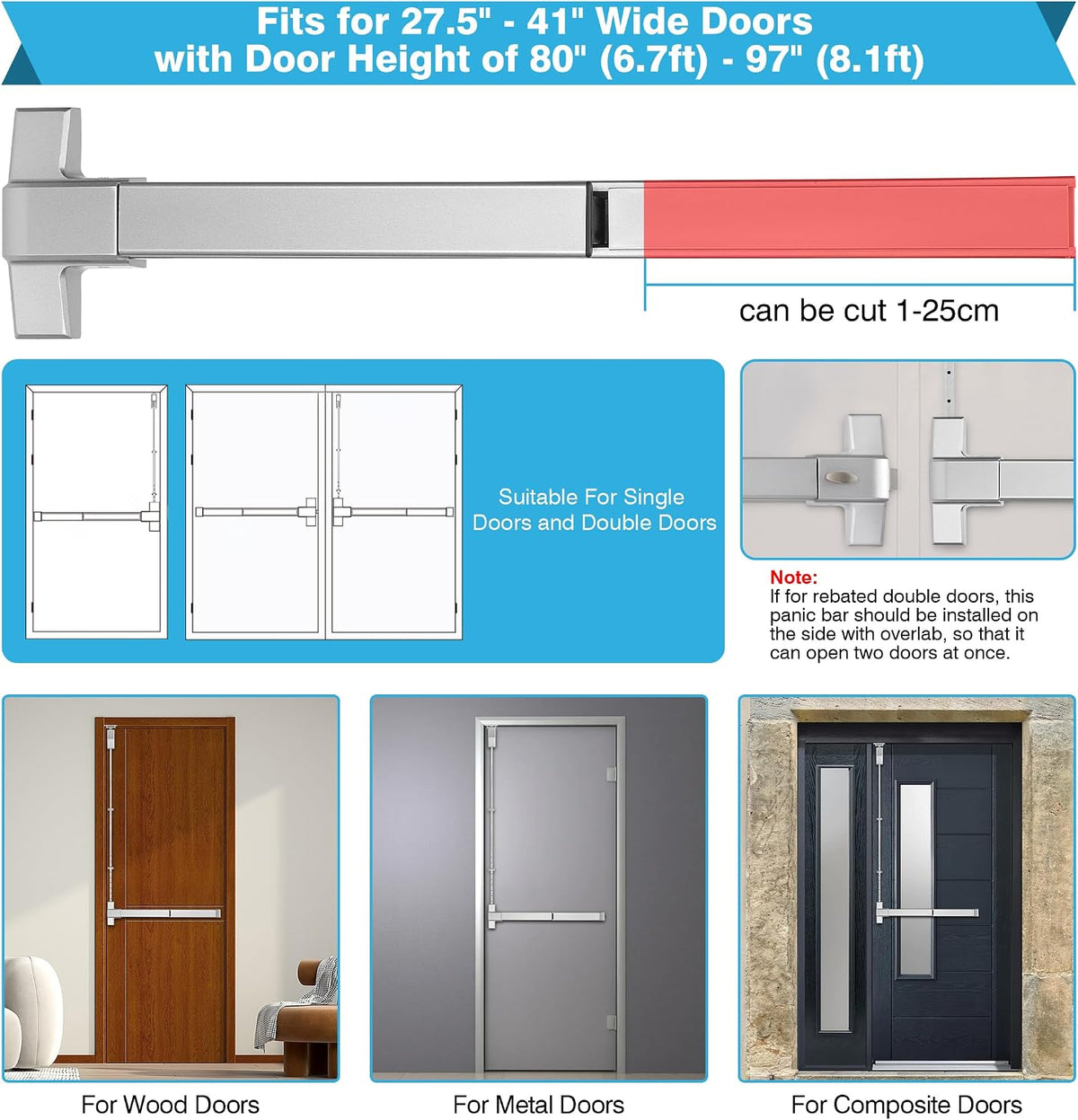 IRONWALLS Commercial Surface Vertical Rod Push Bar Exit Device, Stainless Steel Panic Bar Door Locks