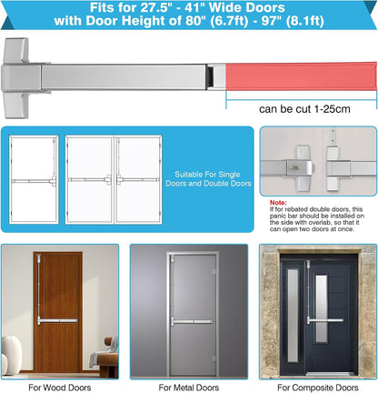 IRONWALLS Commercial Surface Vertical Rod Push Bar Exit Device, Stainless Steel Panic Bar Door Locks