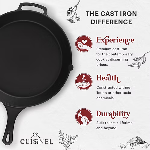 Cuisinel Pre-Seasoned Cast Iron Skillet - 15-Inch - with Glass Lid And Handle Cover