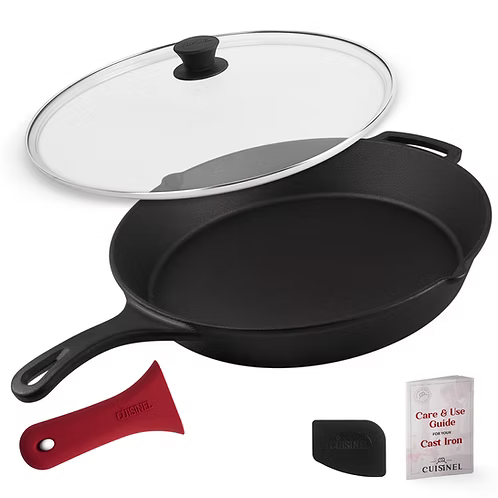 Cuisinel Pre-Seasoned Cast Iron Skillet - 15-Inch - with Glass Lid And Handle Cover