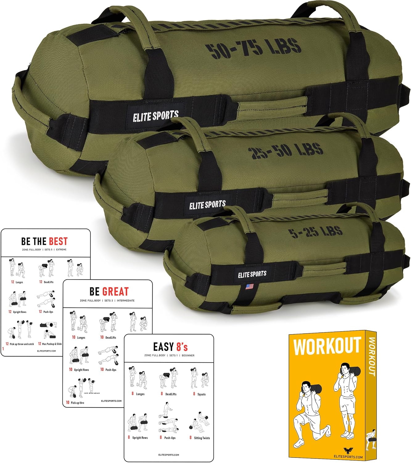 Elite Sports Workout Sandbag (green) 5 TO 25, 25 TO 50, 50 TO 75 lbs (3 count)
