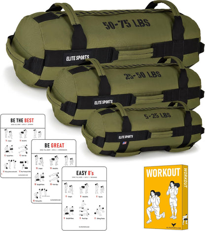 Elite Sports Workout Sandbag (green) 5 TO 25, 25 TO 50, 50 TO 75 lbs (3 count)