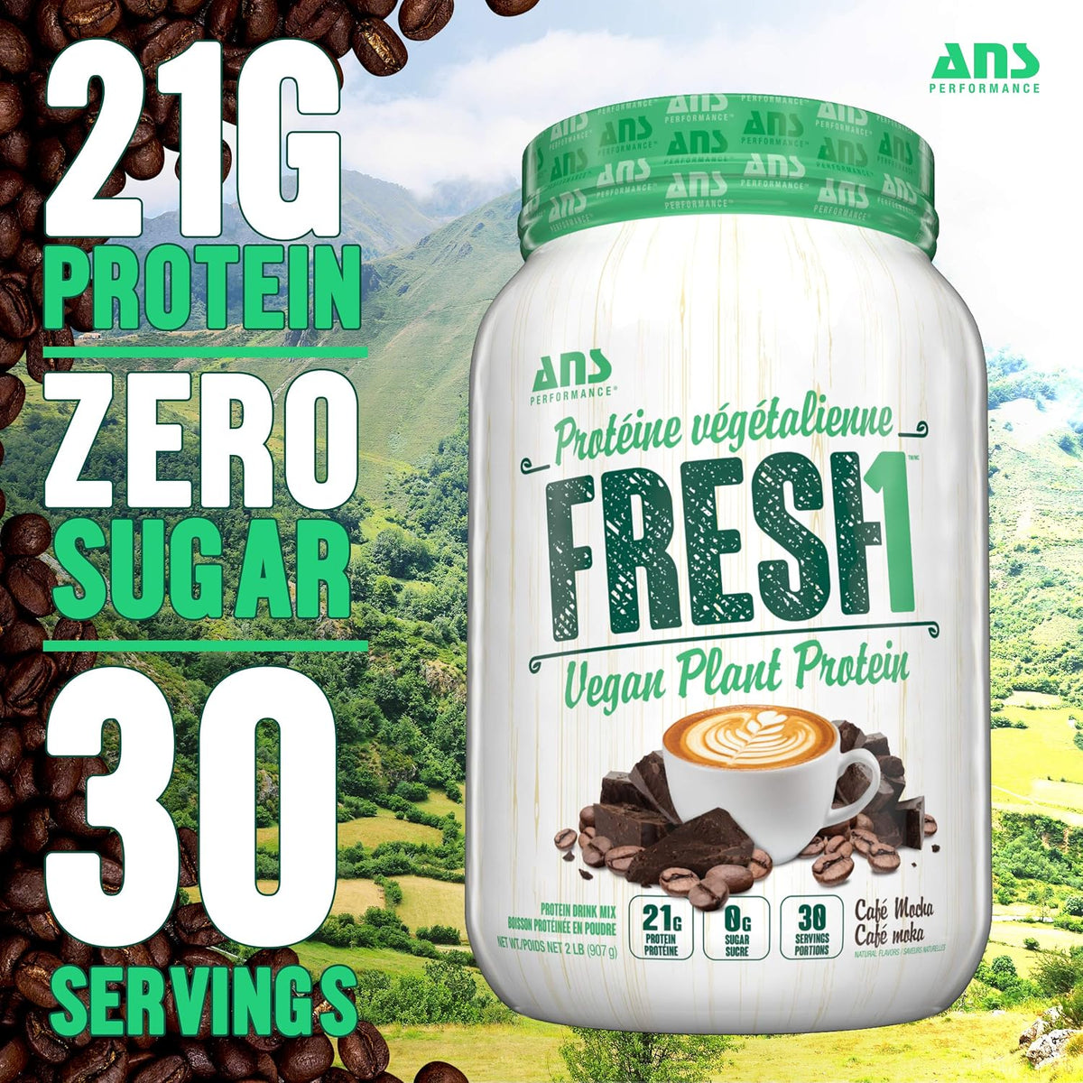 ANS Fresh1 Vegan Powder, 30 Servings, 32 Oz, Plant-Based, Zero Sugar, Blend