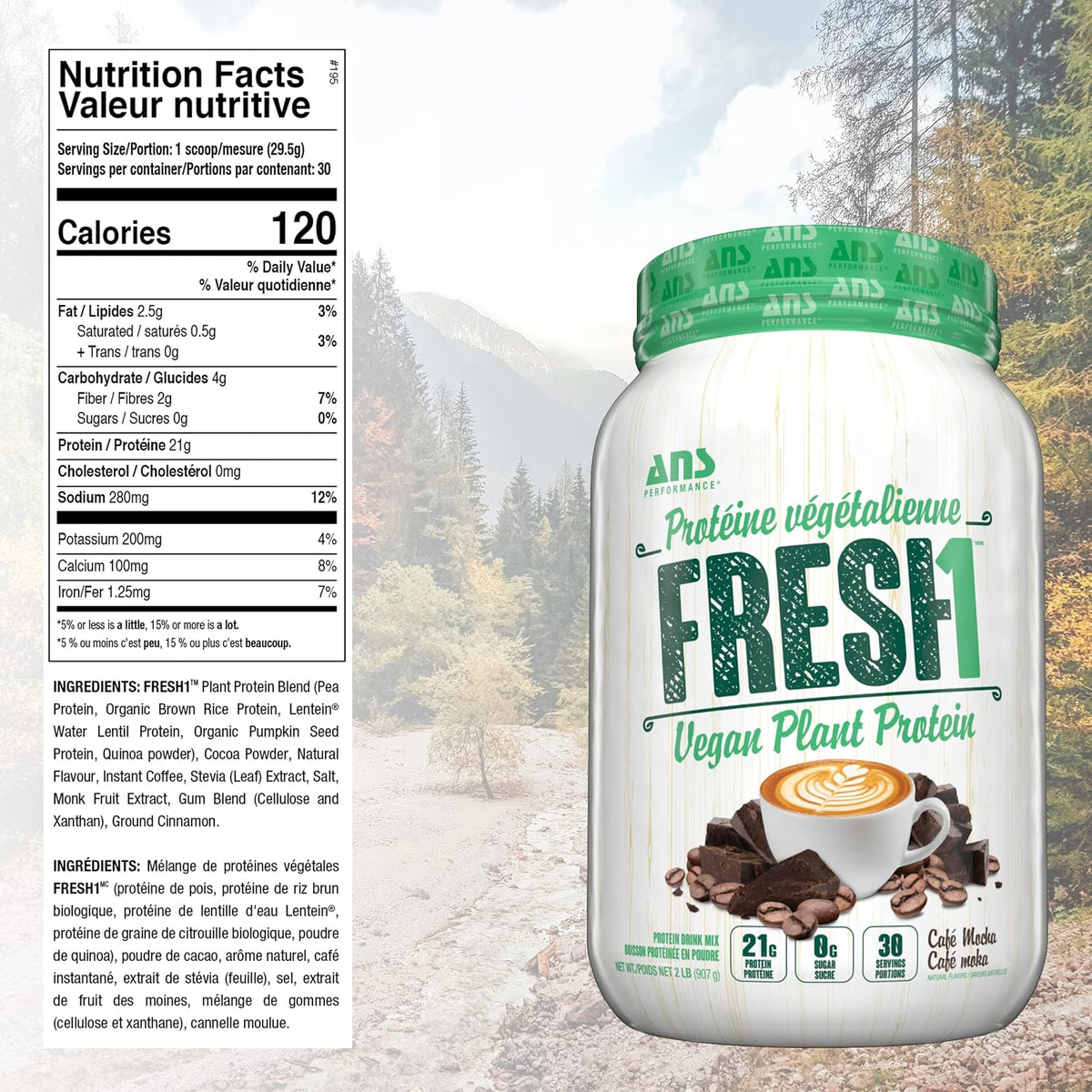 ANS Fresh1 Vegan Powder, 30 Servings, 32 Oz, Plant-Based, Zero Sugar, Blend