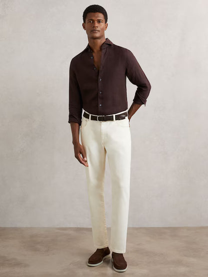 Reiss Ruban Linen Button-Through Shirt in Dark Brown