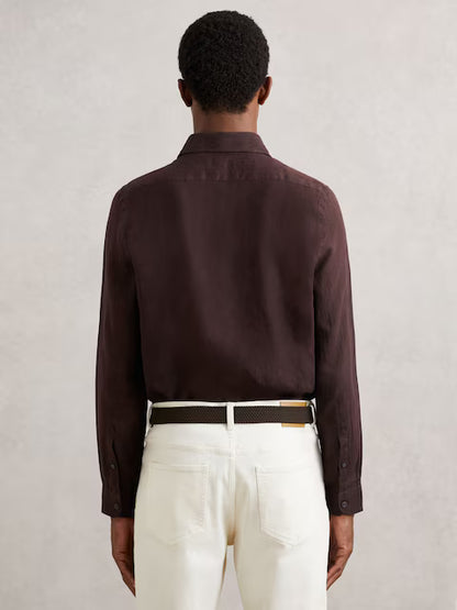 Reiss Ruban Linen Button-Through Shirt in Dark Brown