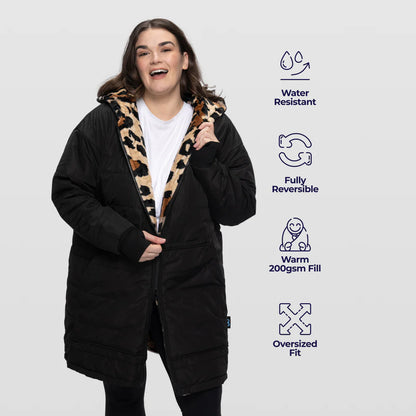 The Oodie Black/Leopard Long Puffer Jacket