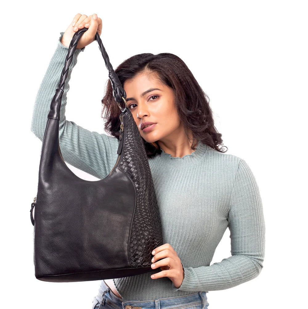 Milo Albany Green Washed Leather Hobo Bag - Black