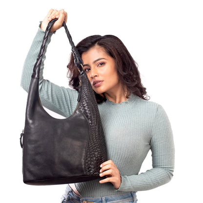 Milo Albany Green Washed Leather Hobo Bag - Black