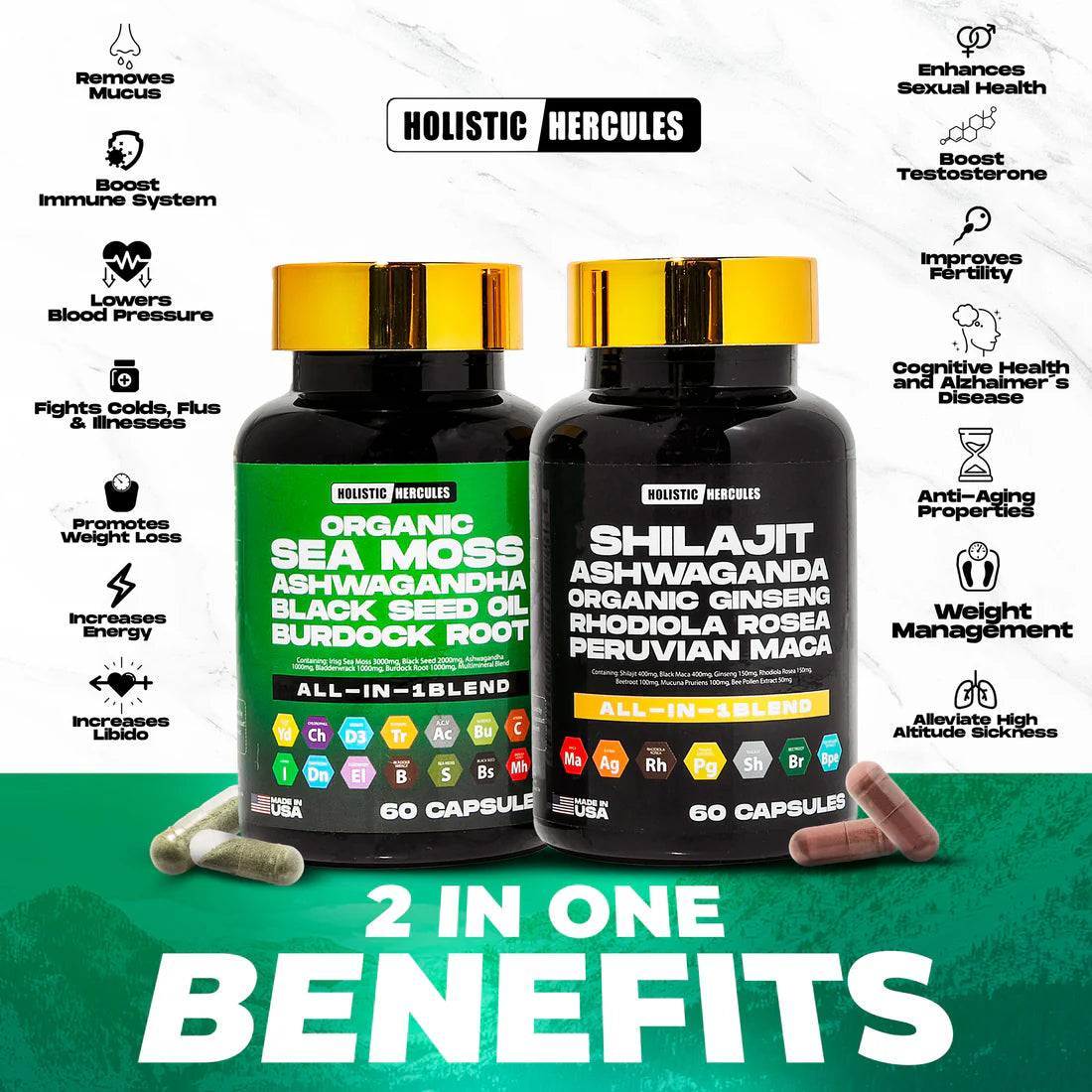 Holistic Hercules Shilajit Caps & Sea Moss Blend, 60 Capsules - 2 Pack