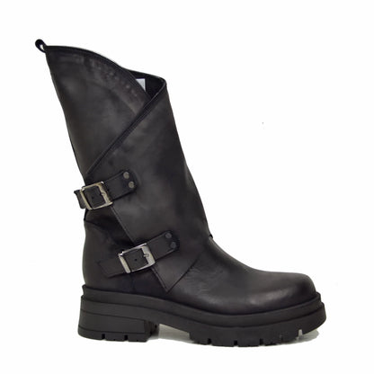 Kikki Line Women's Biker Boots with Buckles and Side Zip - Black