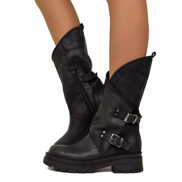 Kikki Line Women's Biker Boots with Buckles and Side Zip - Black