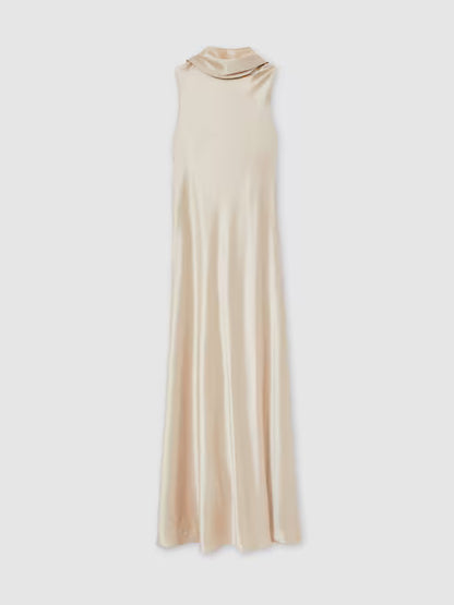 Reiss Fae Satin Cape Maxi Dress in Champagne