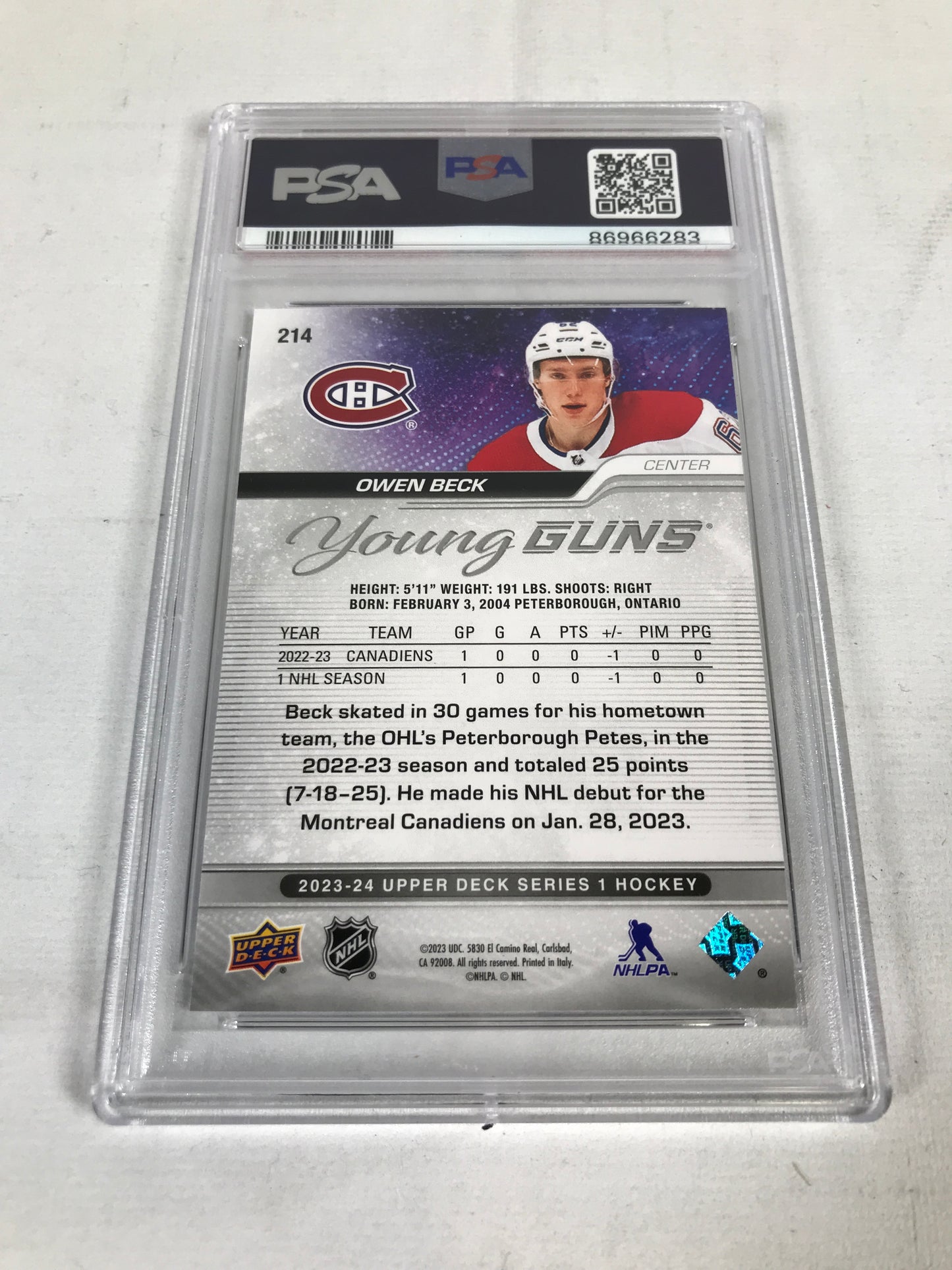 Upper Deck Owen Beck #214 - Mint 9 - 2023