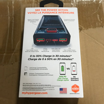 HyperGear 20,000mAh ClearCharge XL Transparent Fast Charge Power Bank with 20W USB-C PD