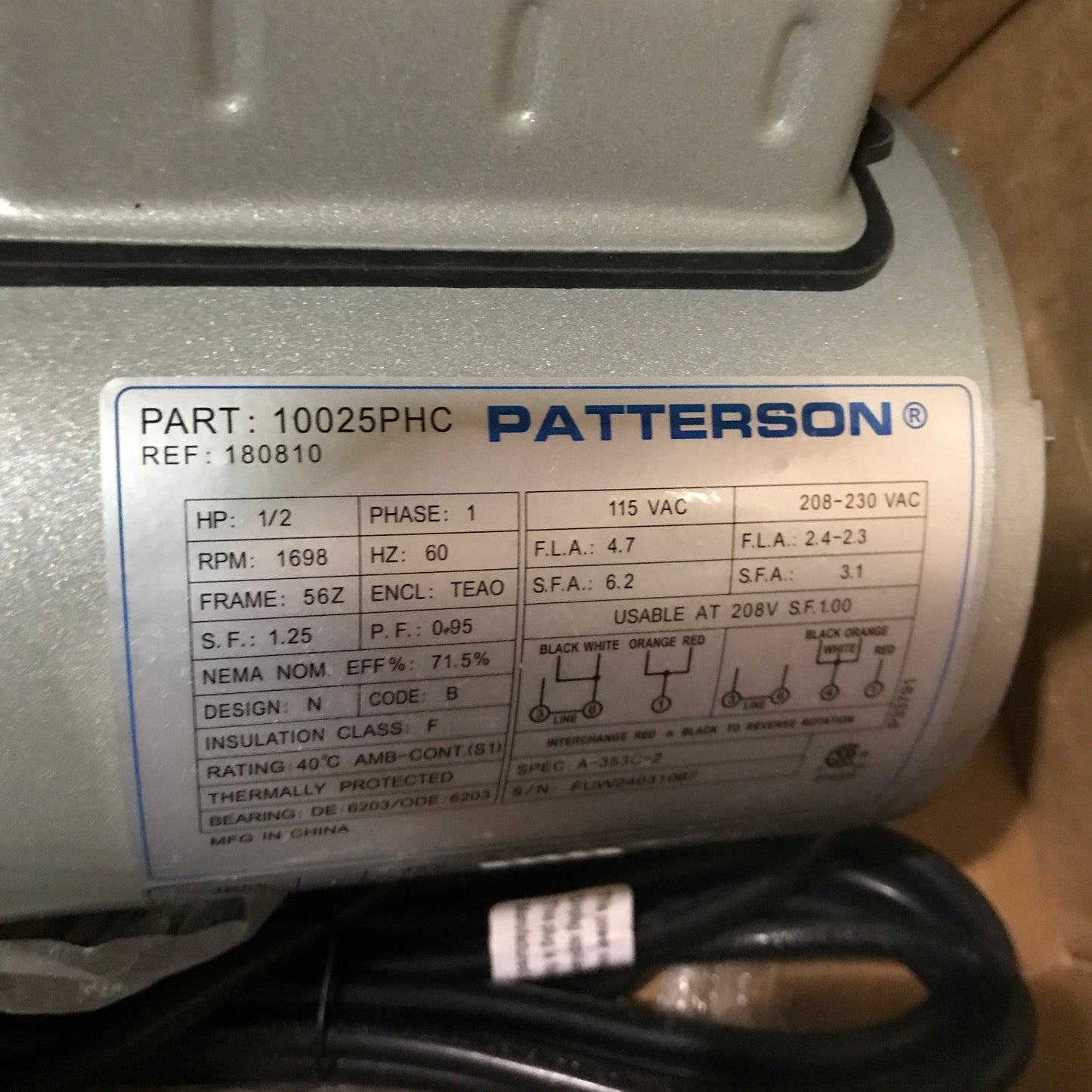Patterson Part 10025PHC 1/2 HP Single Phase Replacement Motor - PICK UP ONLY