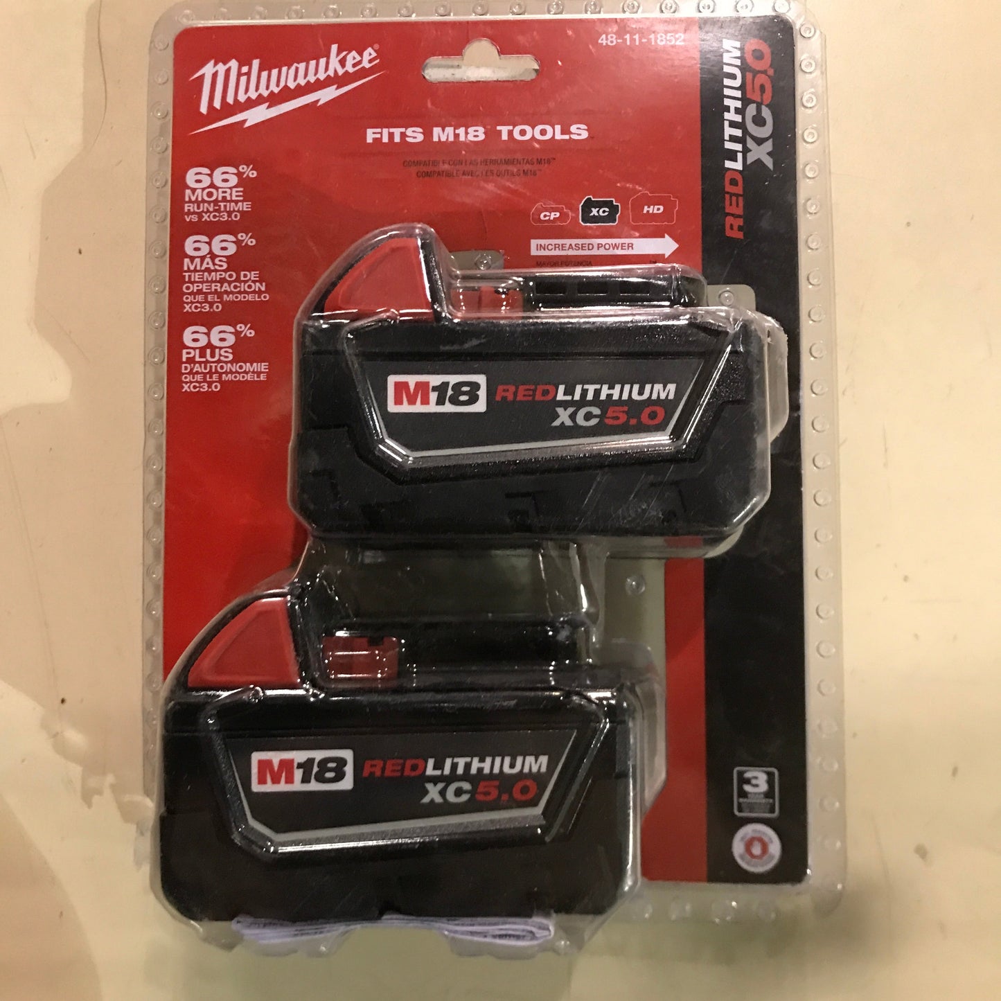 Milwaukee Tool 18V M18 Lithium-Ion Extended Capacity (XC) 5.0 Ah REDLITHIUM Battery - 2 Pack