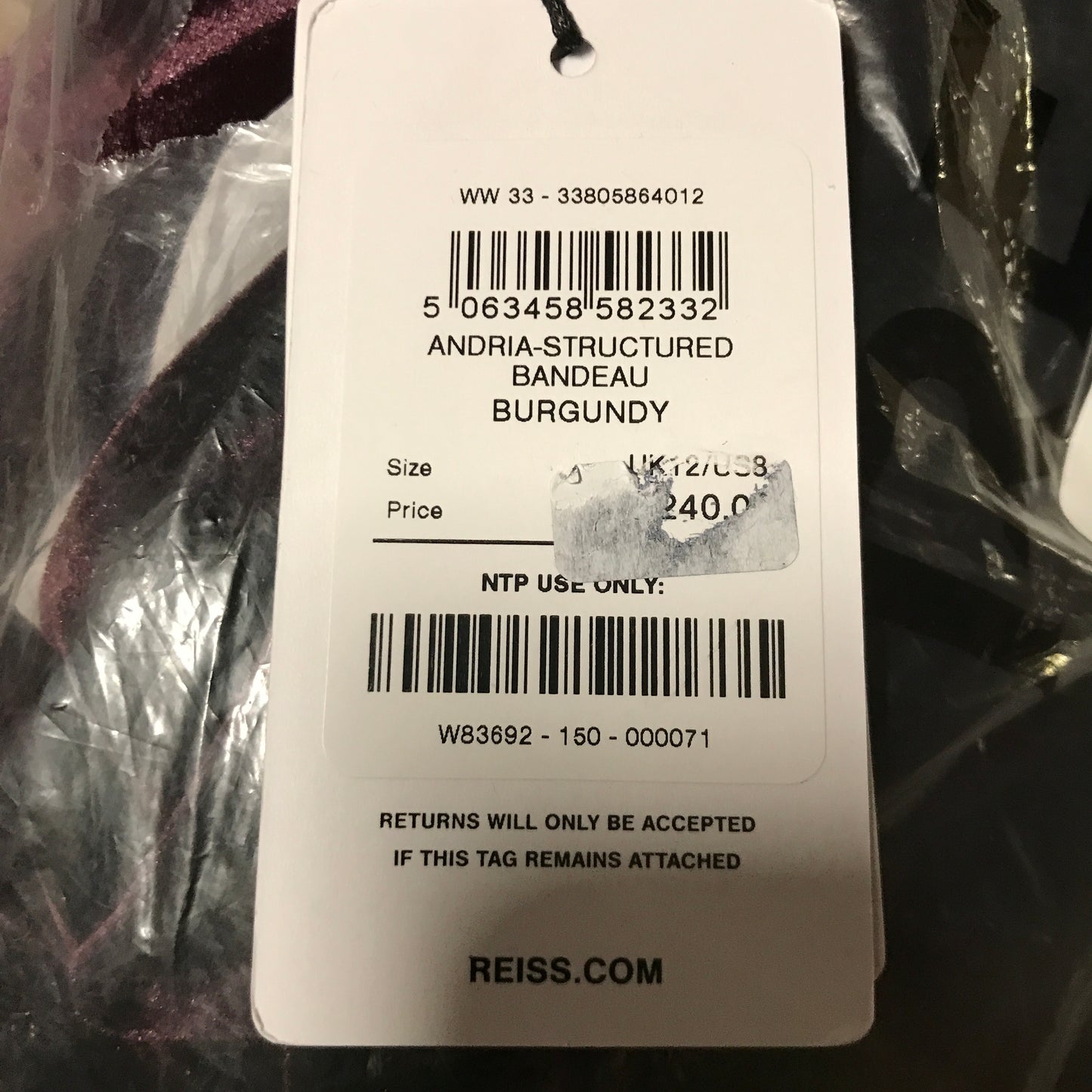 Reiss Andria Velvet Drape Strapless Jumpsuit in Burgundy