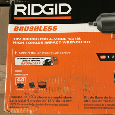 RIDGID 18V Brushless Cordless 4-Mode 1/2 in. High-Torque Impact Wrench Kit with 4.0 Ah Battery and Charger