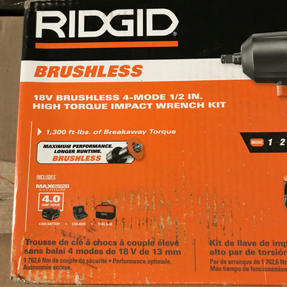 RIDGID 18V Brushless Cordless 4-Mode 1/2 in. High-Torque Impact Wrench Kit with 4.0 Ah Battery and Charger