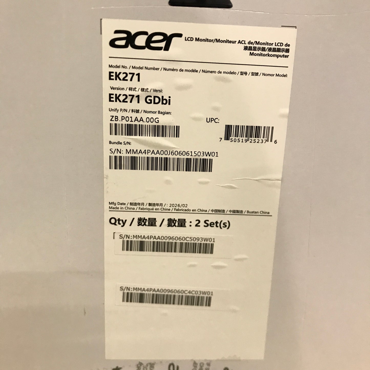Acer EK271 Frameless Office Gaming Monitor - 2 Pack